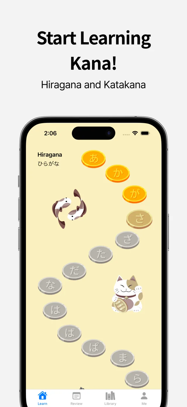 Start Learning Kana! The lesson path, with a stepping stone for each kana.